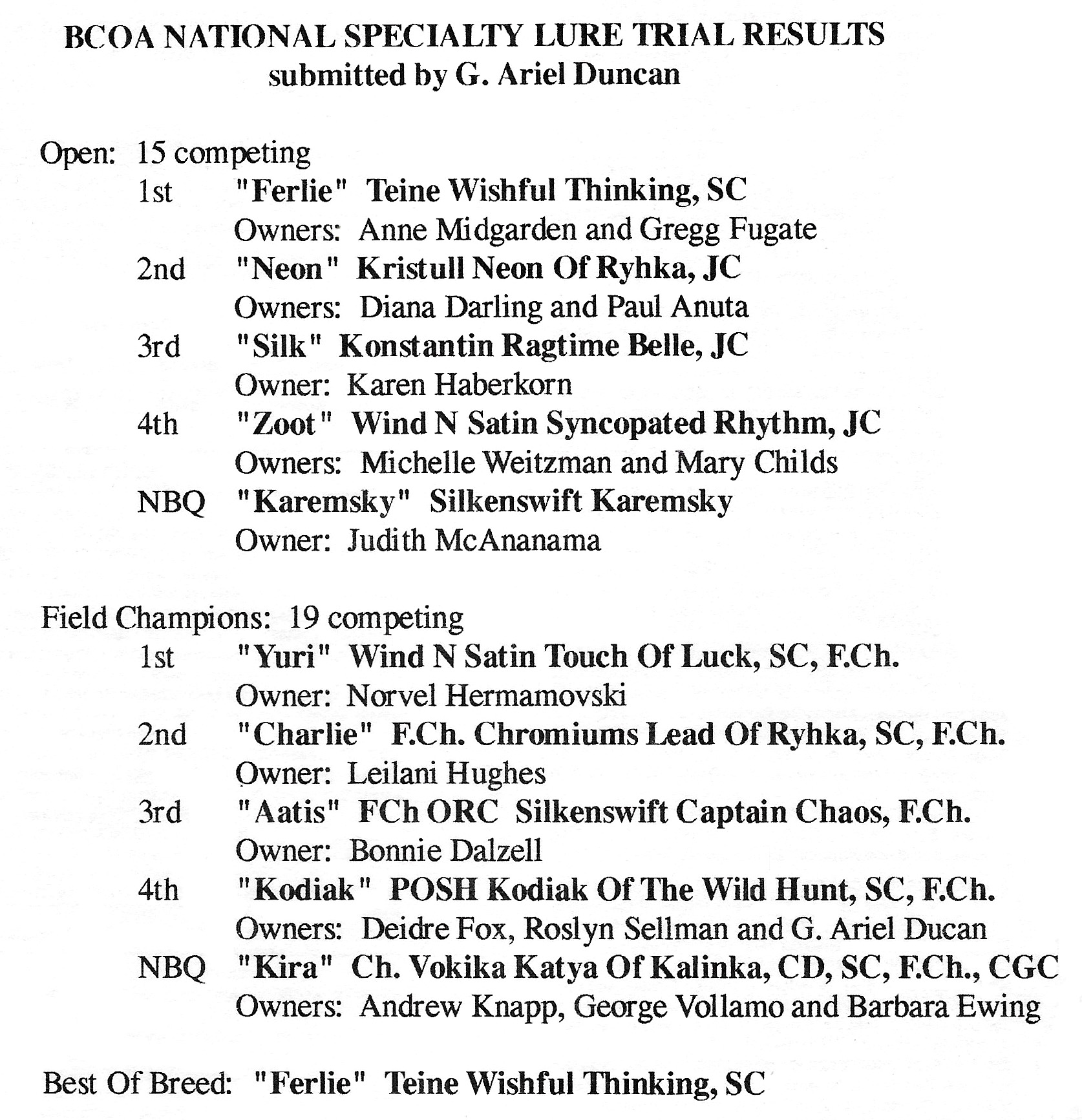 1994 Coursing Results