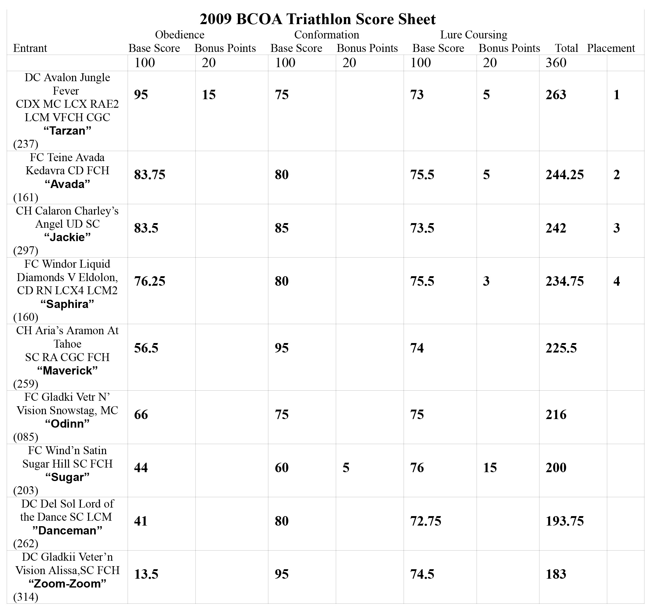 2009 Triathlon Scores