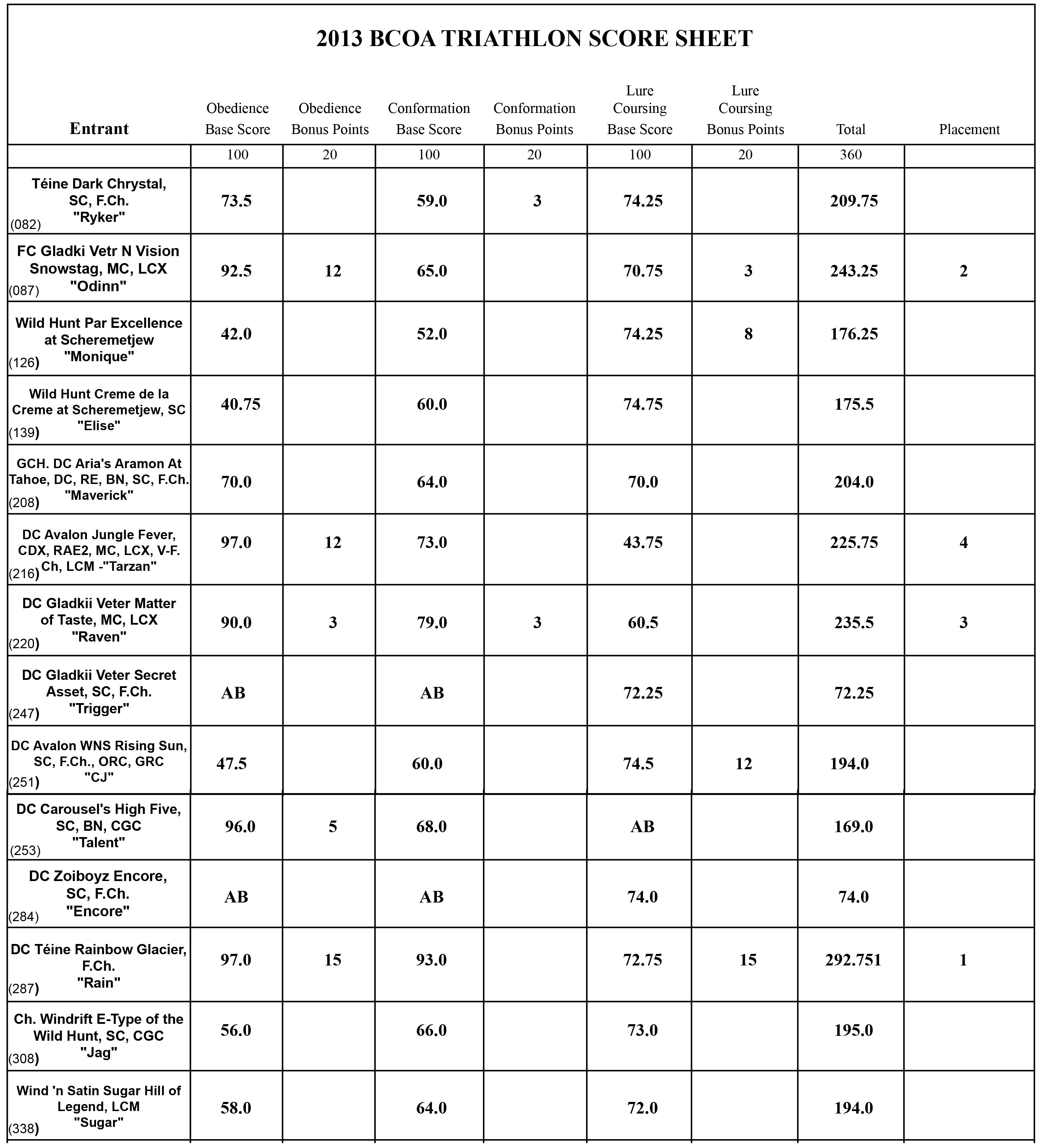 2013 Triathlon Scores